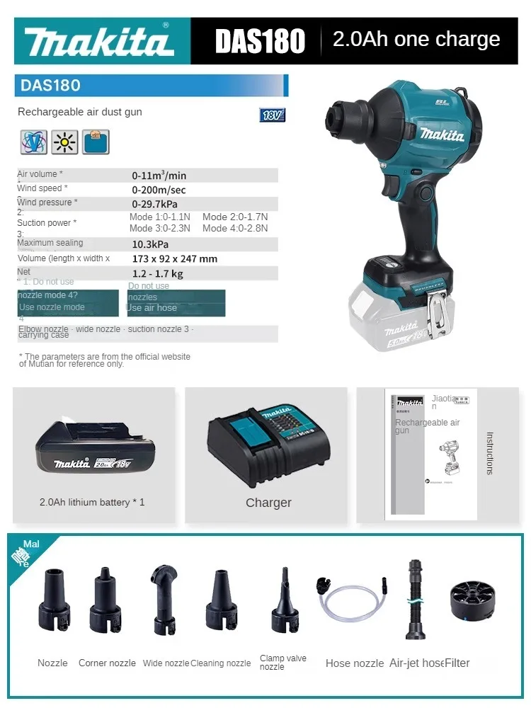 Makita DAS180 drill brush rechargeable air dust collector cleaning blowing 18V wireless lithium battery inflato