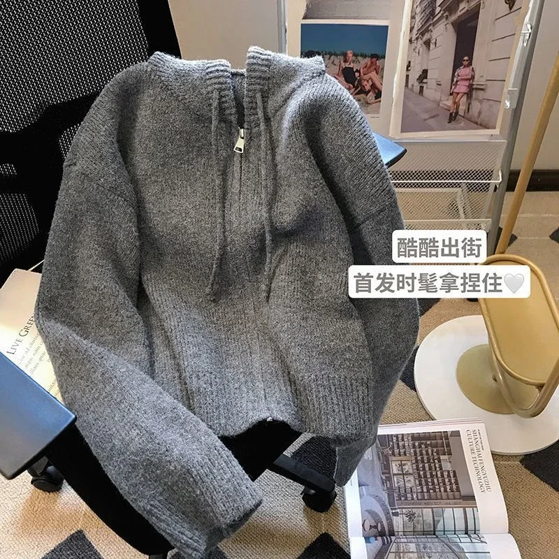 Gagaok Grey Hooded Knitted Cardigan Women 2024 Autumn Winter Slim Short Sweater Jacket Female Zipper Solid Gentle Top Coat