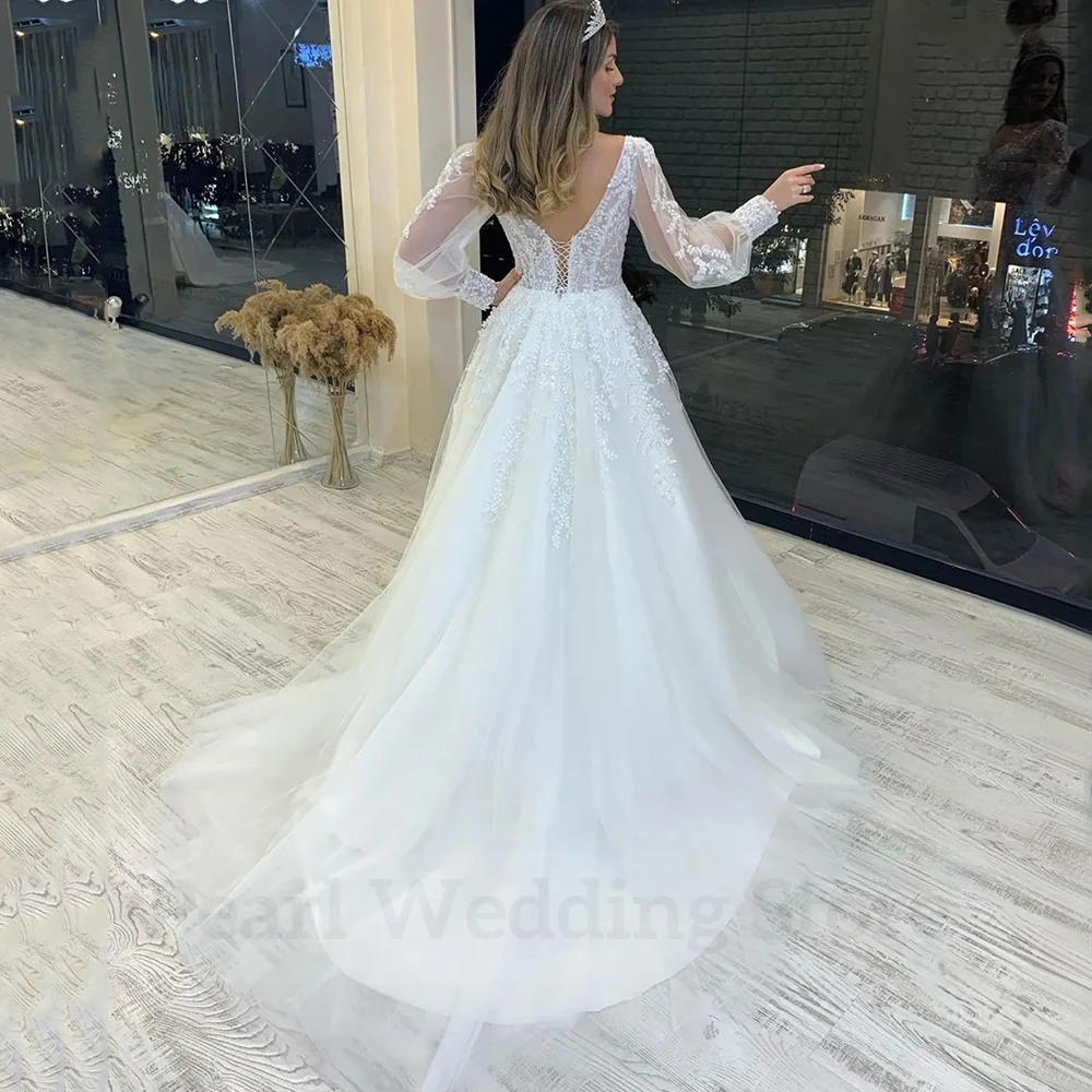 أنيقة تول فانوس الأكمام فستان الزفاف الوهم زين ألف خط طول الأرض مثير مفتوح الظهر الزفاف الدانتيل يصل فساتين مخصص #4