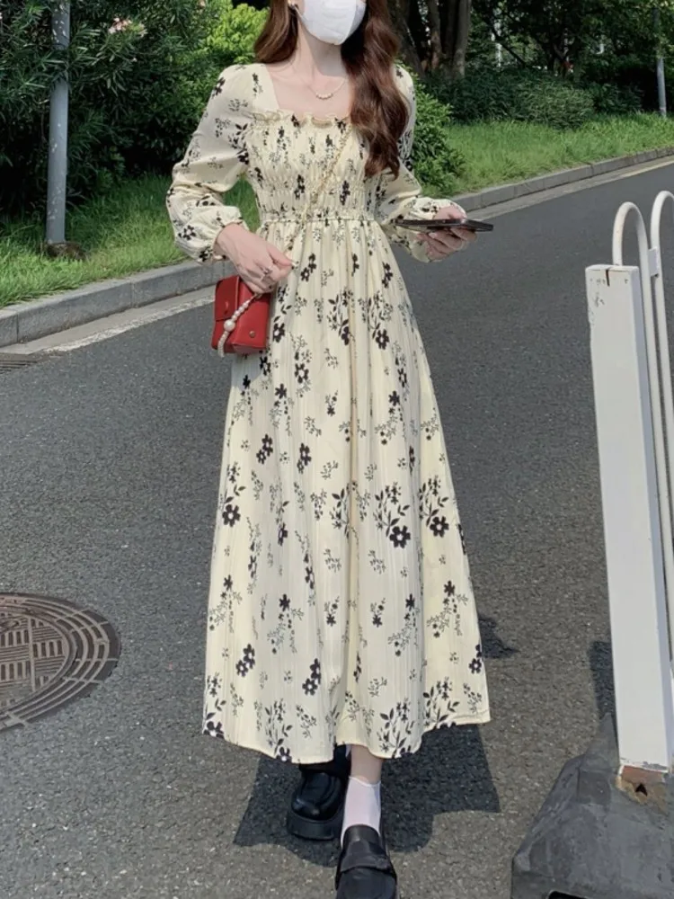 Ele Bloemenprint Chiffon Lange Sve Dr Dames Lente Herfst Nieuwe Sle Klein Maat Taille Cinching Afslanken Lange Dr