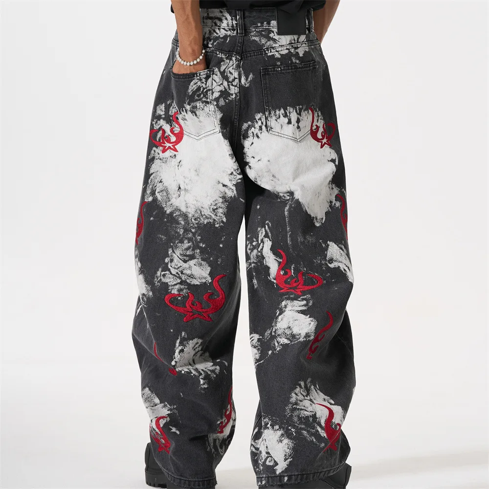MWJLPWQ Worn-Out Ink-Dyed Tie-Dye Wide-Leg Jeans For Men Niche Trendy Punk Spring Autumn Loose Machete Curved-Leg Pants 17281