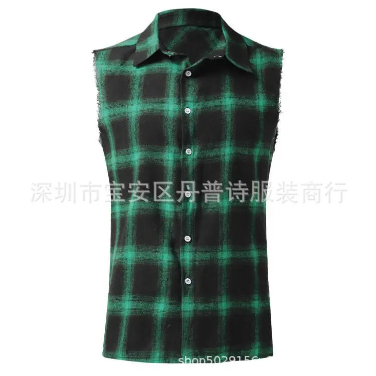 New Men's Plaid Shirt Sleeveless Lapel Fashion Button Cardigan Top Street Personality Trend Versatile Blouses