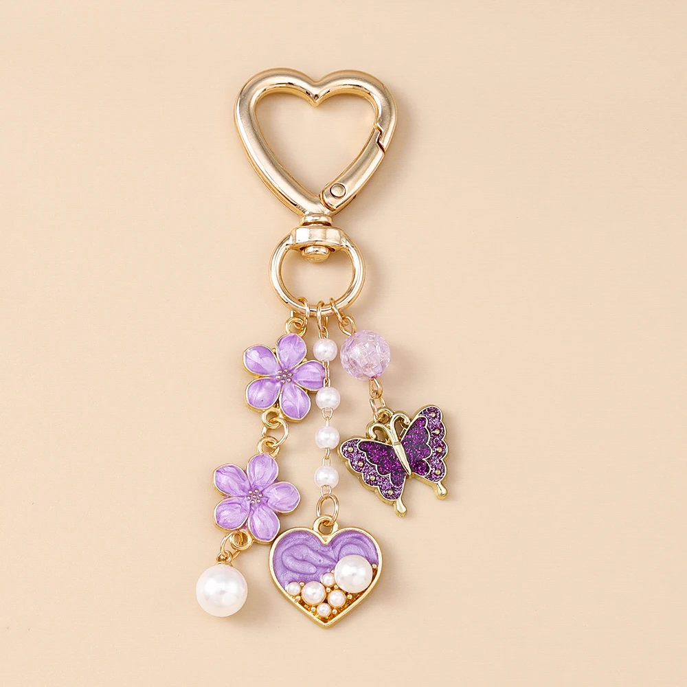 Cute Enamel Flower Butterfly Keychain Women Girls Love Heart Key Ring Pendants Handbag Decor DIY Handmade Jewelry Gifts