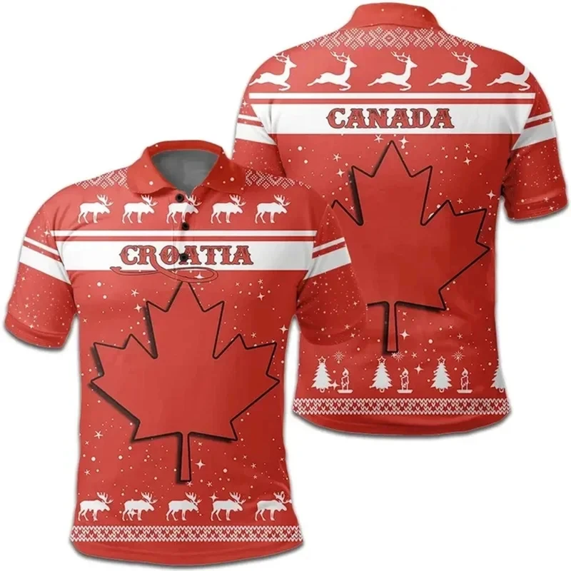 3D Printed Canada National Flag Emblem Polo Shirt Summer Short Sleeve Canada Coat Of Arms Graphic Polo Shirts Men Tee Tops