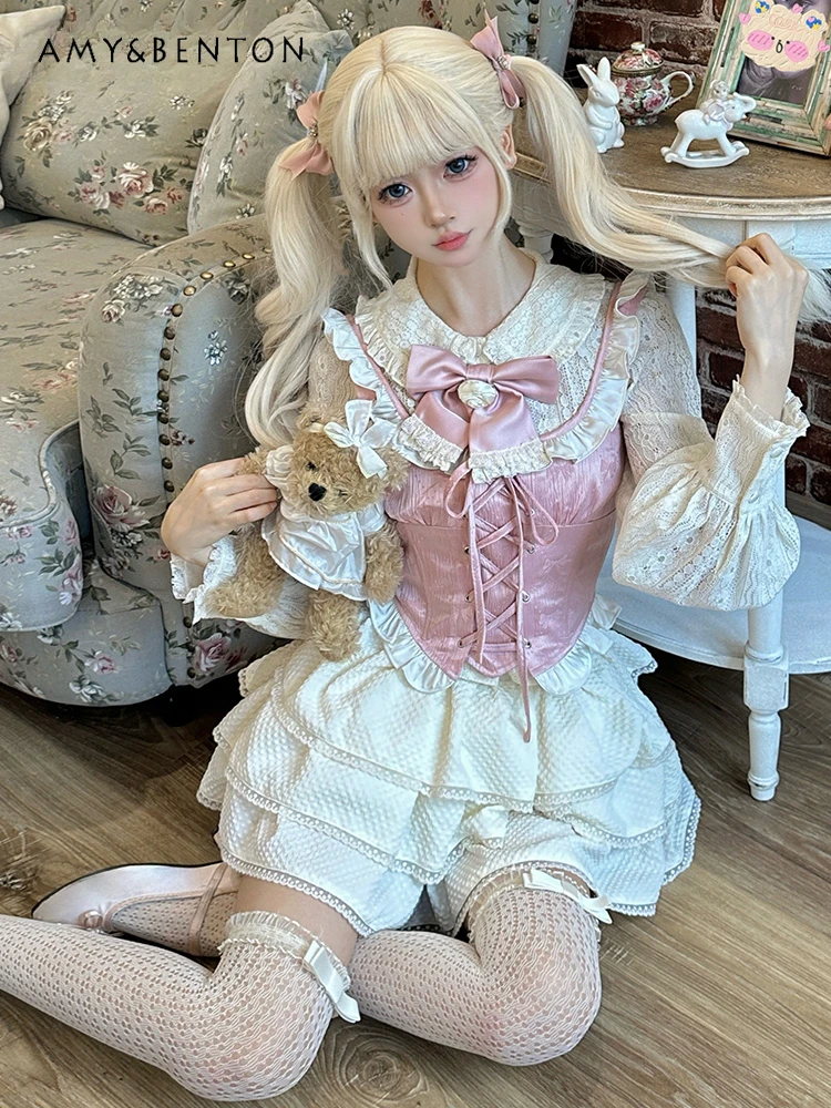 Spring New Sweet Girl Pink Princess Skirt Sets Daily Cute Lolita Bow Long Sleeve Shirt Hot Girl Mini Cake Skirt Two-Piece Sets