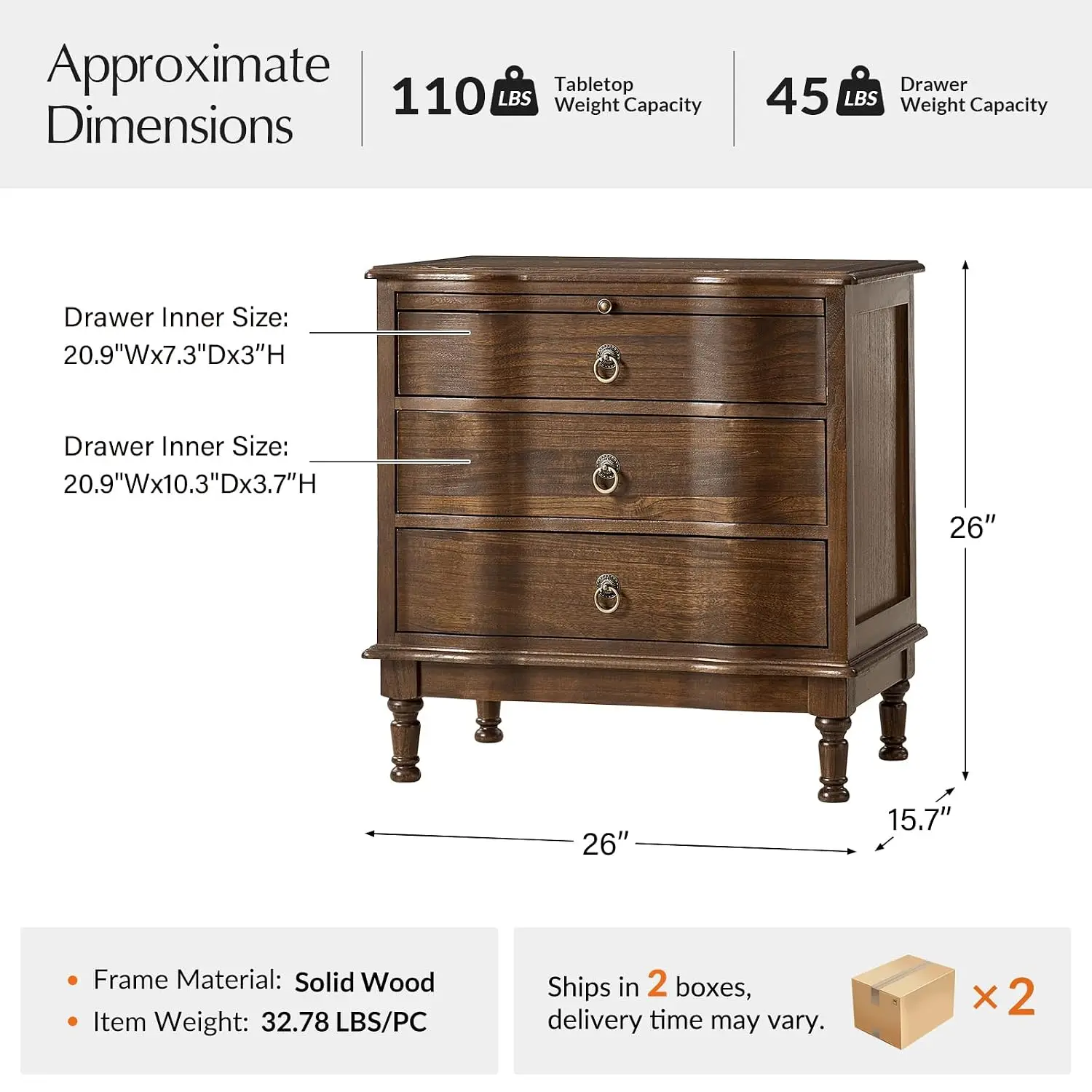 Solid Wood End Table Set of 2 with Charging Station, 3 Drawer End Table with Pull-Out Tray, USB & Type-C Ports,, Customized