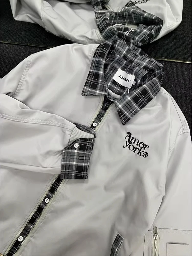 

American Retro irt Patchwork Fake Two-Piece Jaet Men's Autumn Street Hip Hop Design Couple Outerwear Loose Fit Long Sve