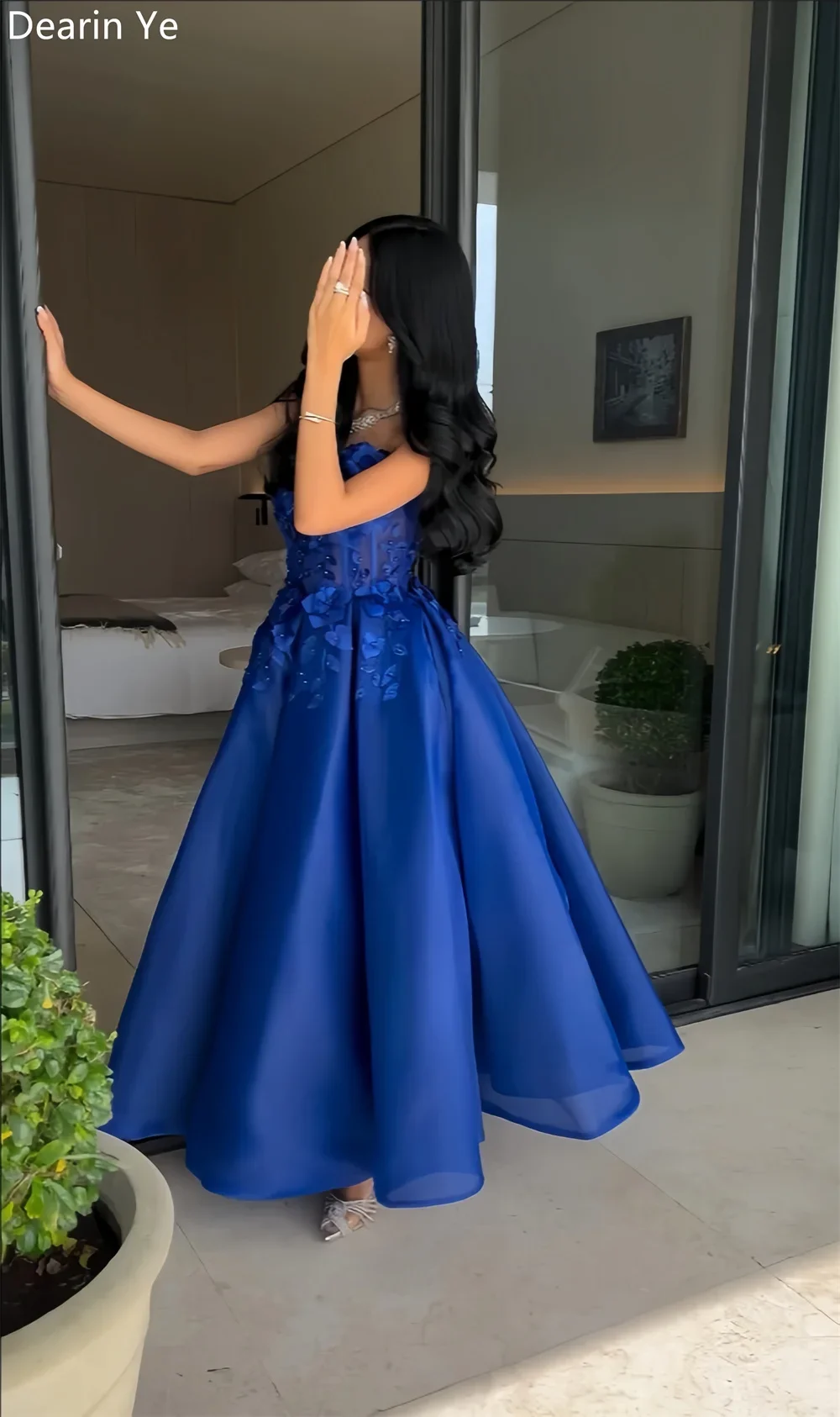 Saudi-Arabië Formele jurk Dearin Strapless Bal Tot de grond Rokken Gedrapeerde Tule Mouwloos Appliqué Bloem Op maat gemaakte gelegenheidsjurken