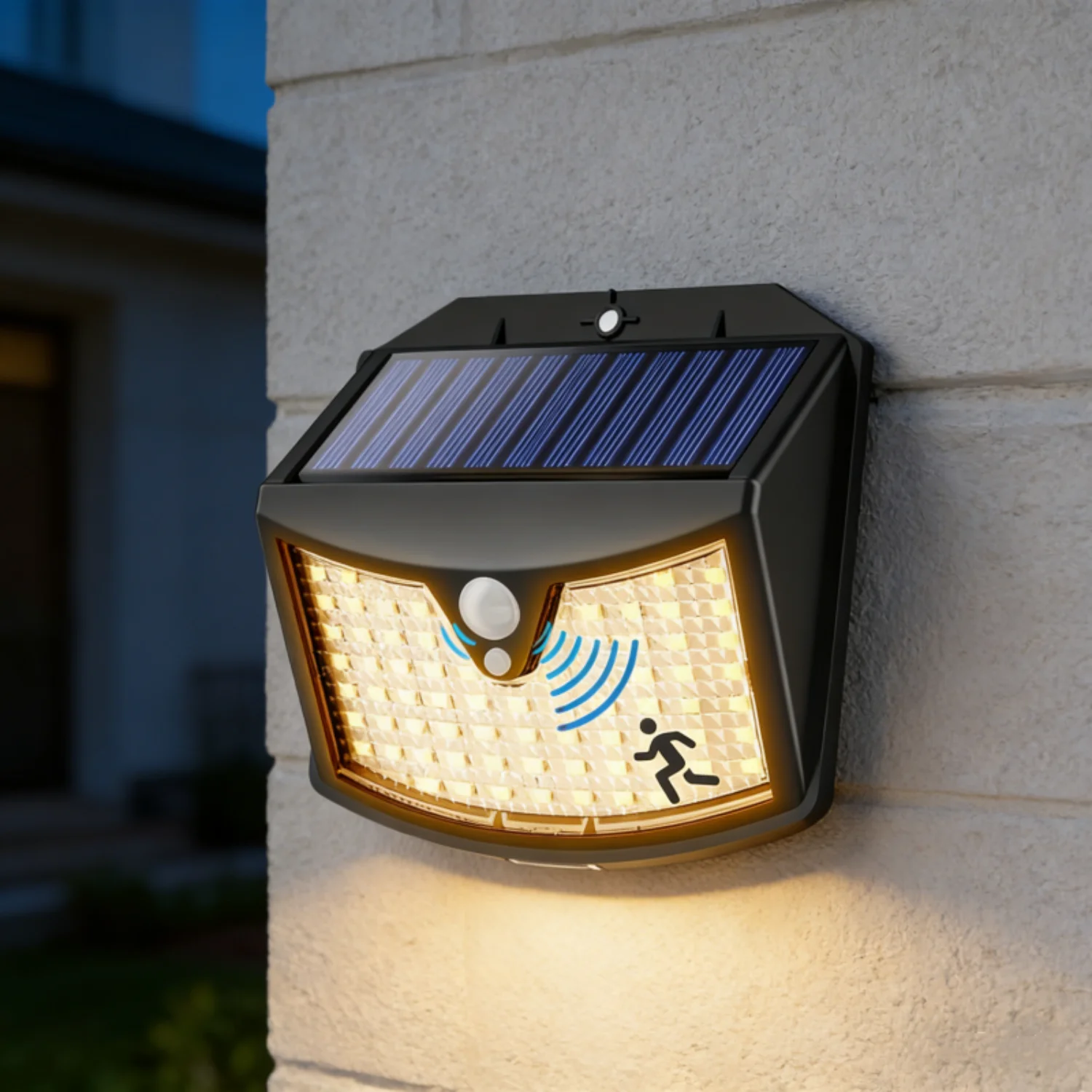 

Солнечный уличный светильник 70 LED, теплый белый свет, датчик движения, 3 режима, IP65, водонепроницаемый, для сада, гаража, улицы, на солнечной батарее