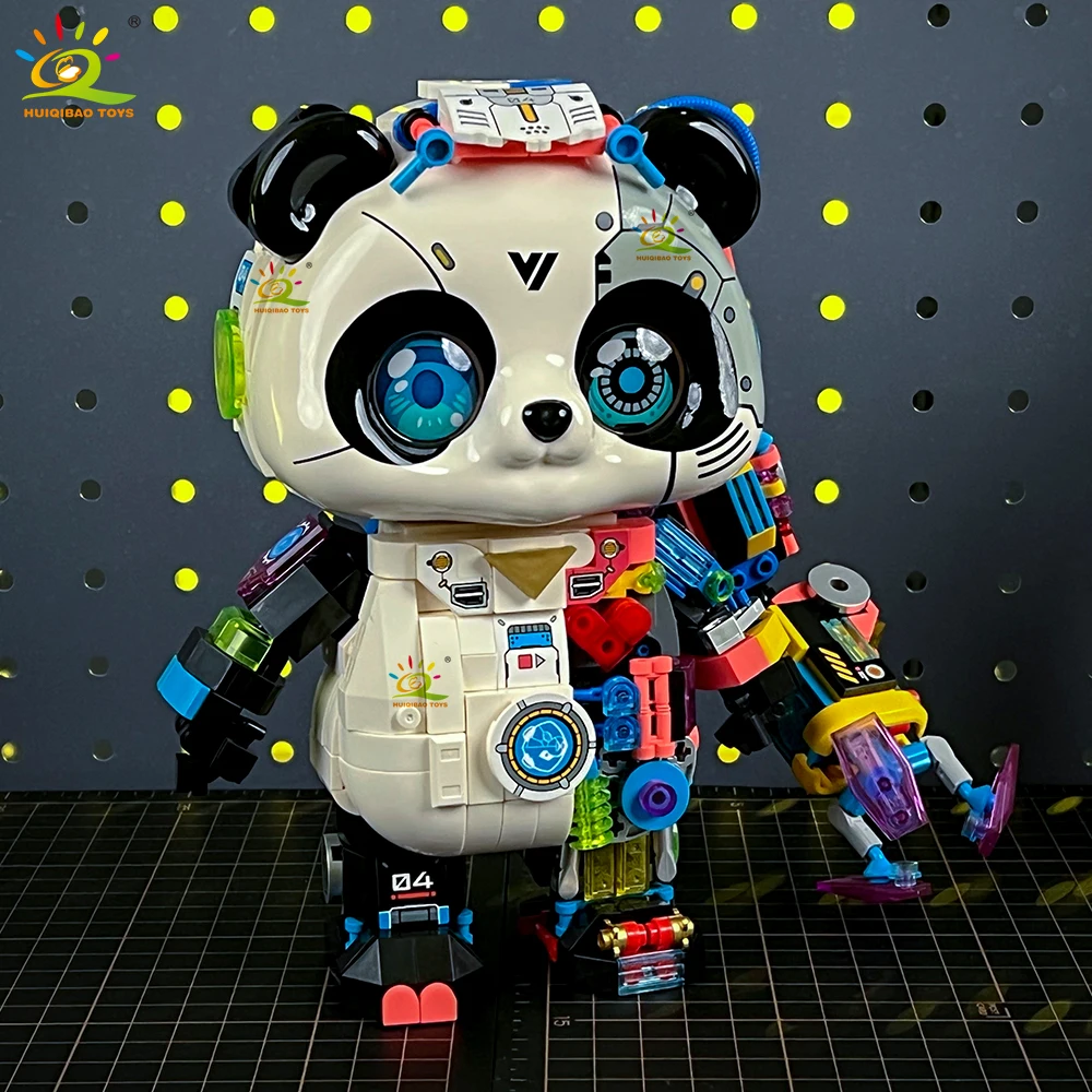HUIQIBAO Cyberpunk Mechanical Panda Building Blocks Set Half Exposed Mecha Model Ornament DIY Assembly Construction Toy for Kids