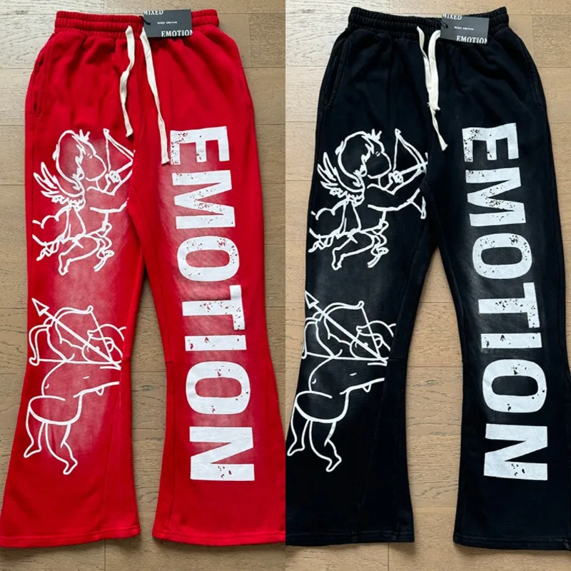 Men Women EMOTION Casual Flared Sweatpants Cupid Angel Letter Print Drawstring Waist Y2K Streetwear Pants
