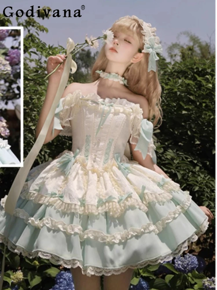 Female Sweet Lolita Square Neck Ballet Style Cake Princess Evening Dress Age Reduction High Waist Playful Bow Lace Fairy Dresses