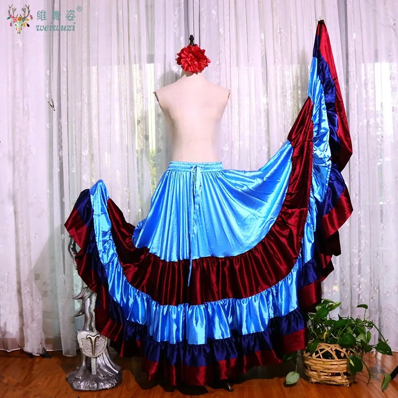 Falda de Flamenco de 720 grados con volantes Tribal para danza del vientre, satén a rayas, 25 yardas, 4 niveles, gran Swing, vestido gitano para mujer, actuación en equipo