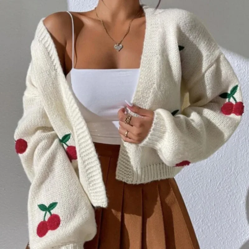 

Spring Autumn Women Cherry Embroidery Sweaters Cardigan Long Sleeve Knitted Coats Female Casual Loose Knitwear Elegant Jackets