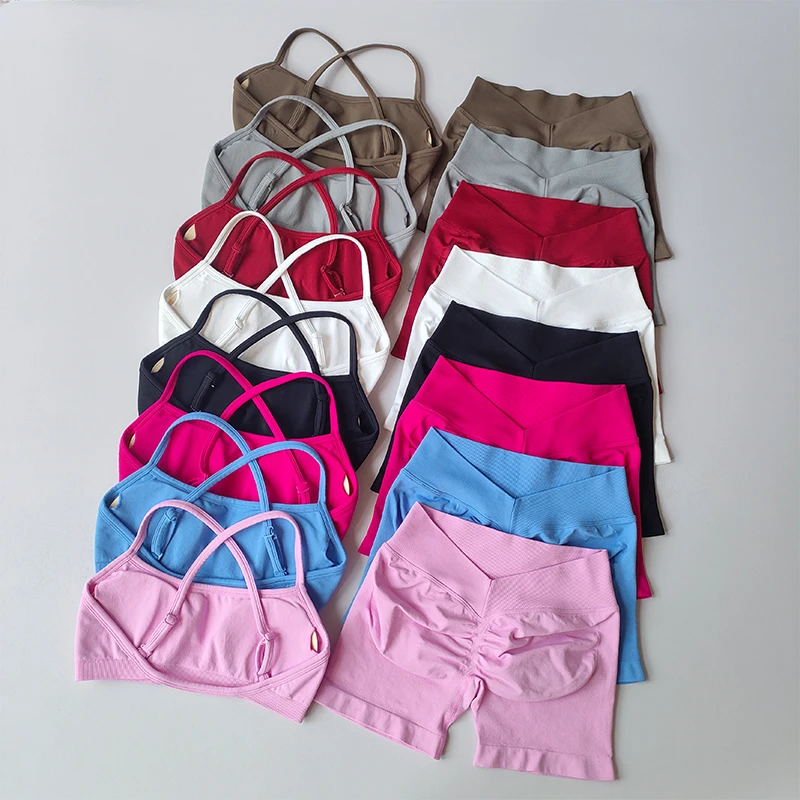 2PCS Yoga Gym Set Women Seamless Running Yoga Bra Top High Waist Workout Scrunch Shorts Sports Suit Fitness Clothes Sportswear