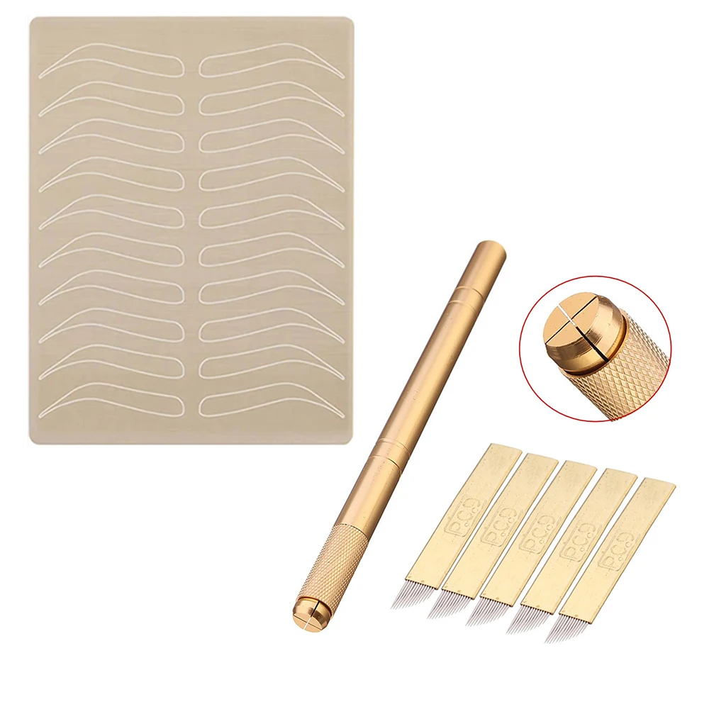 1pc Golden Tebori Pen Manual Microblading Tattoo Pen with 5 Pcs 12 Pins Microblading Needles and 1pc Tatoo Eyebrow Practice Skin