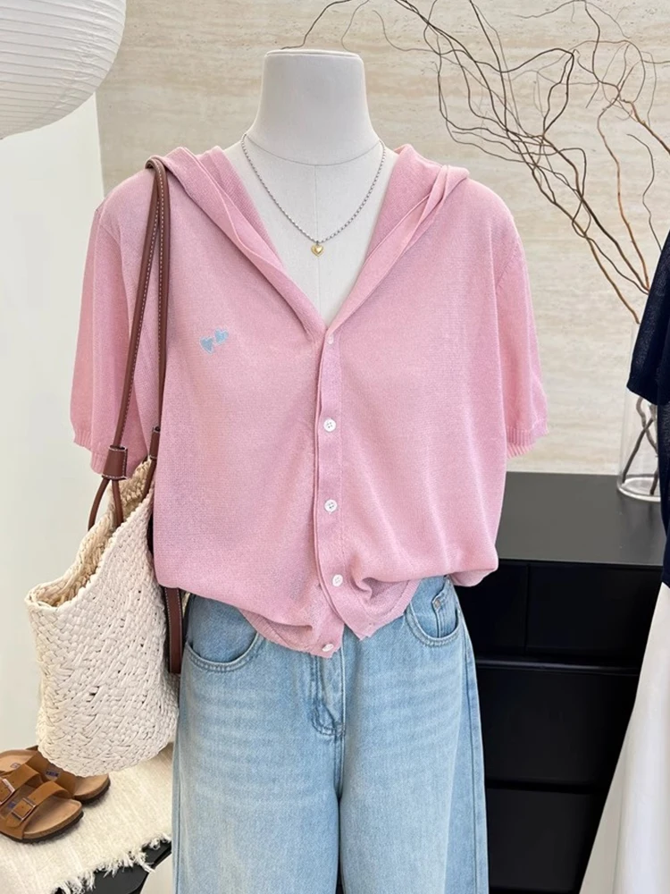 Diseño Sensation Slim Fit ort Sve Cárdigan de punto de seda de hielo con sombrero verano fino Sle Base versátil irt Top de mujer