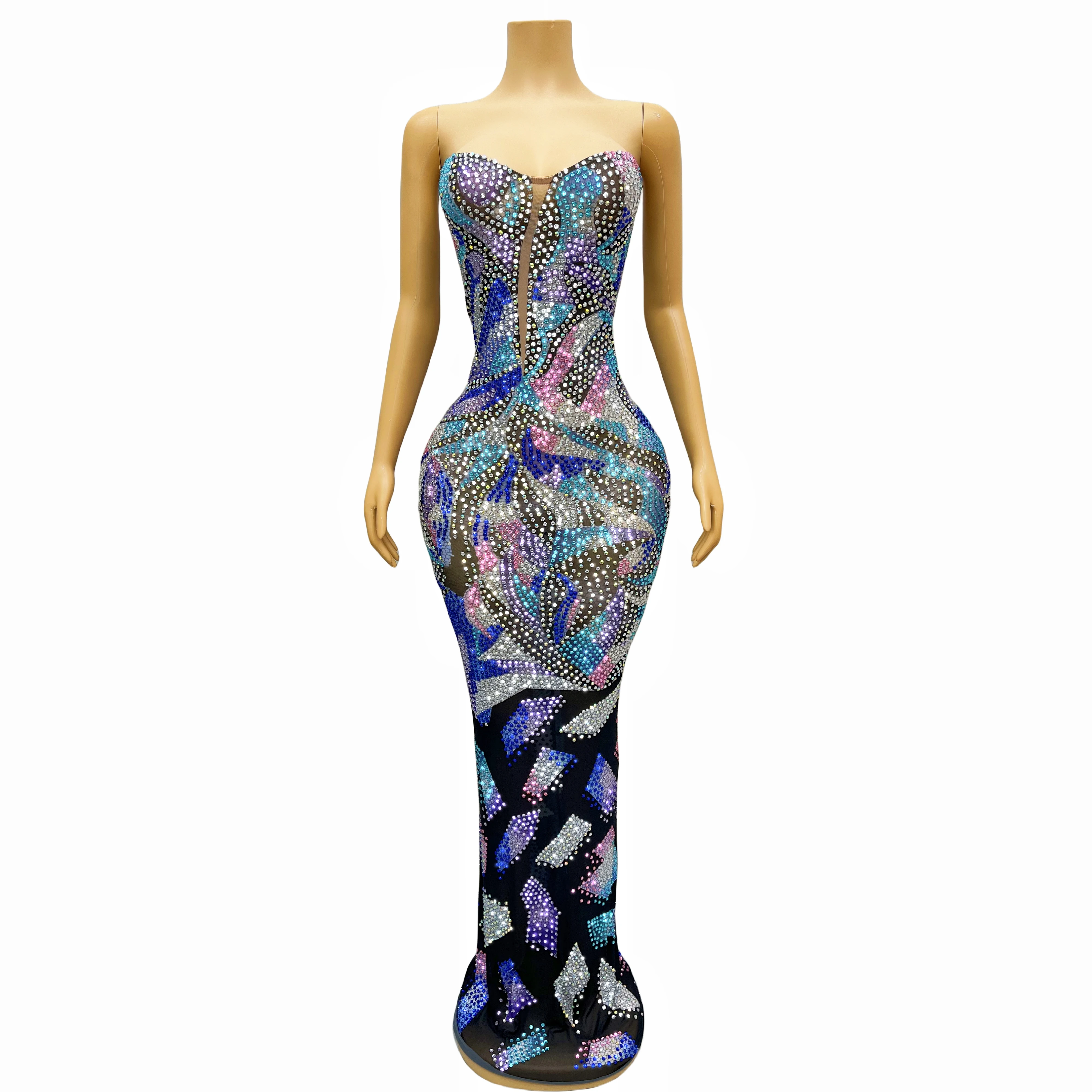 Flashing Colourful Rhinestones Artistic Design Tube Mesh Dress Women Evening Prom Luxurious Gown Handmade Elegant Costume Caiqi