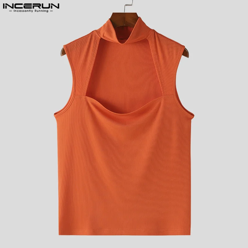 INCERUN Tops 2024 American Style Men Sexy Hollow Knitted Vests Male Streetwear Elastic Half High Neck Sleeveless Tank Tops S-5XL