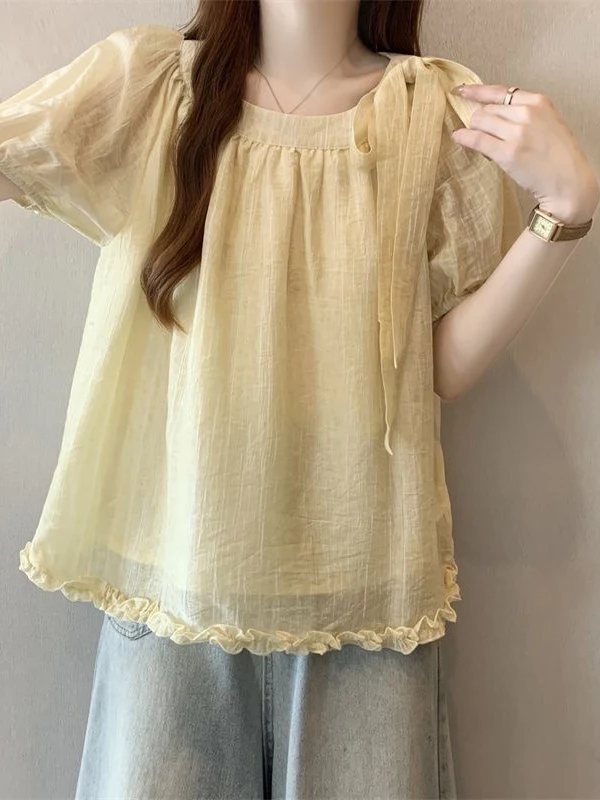 

Большие размеры Knot ort Sve Chiffon irt Женская летняя кукла Sle Bubble Sve Повседневный удобный топ