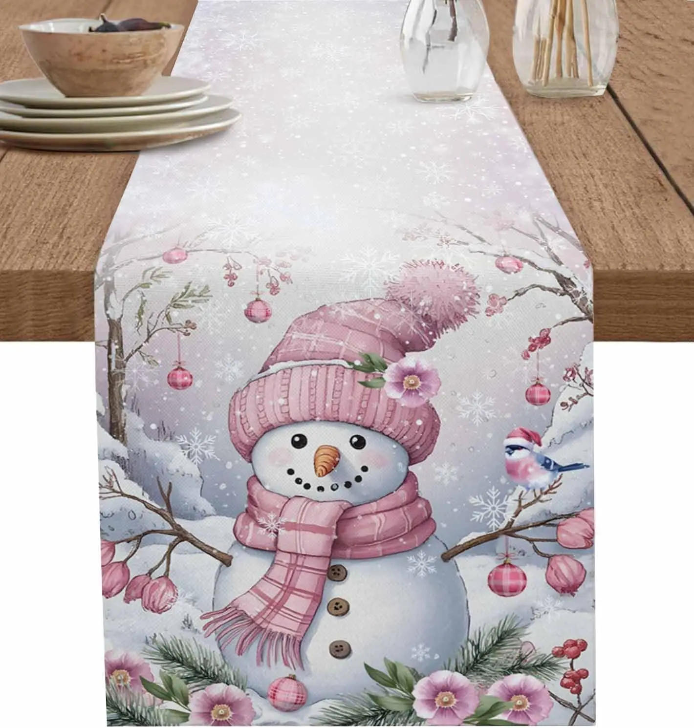 Christmas Snowman Bird Print Linen Table Runner Holiday Party Decor Winter Snowflakes Dining Table Runners Christmas Decorations