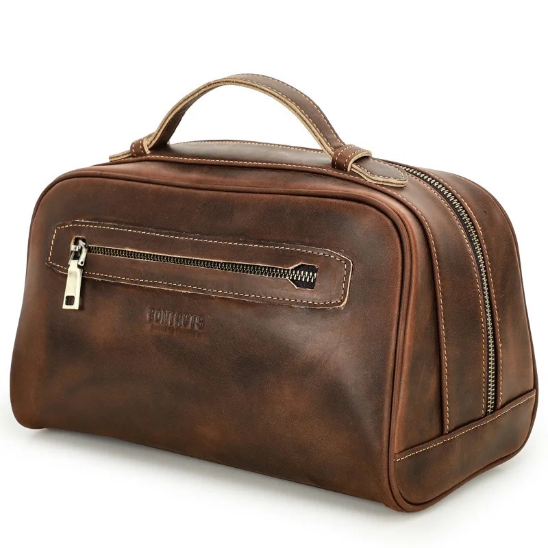 New Fashion British Style Crazy Horse Cowhide Handheld Unisex Storage Large Capacity Genuine Leather Washing Large Capacity Bags