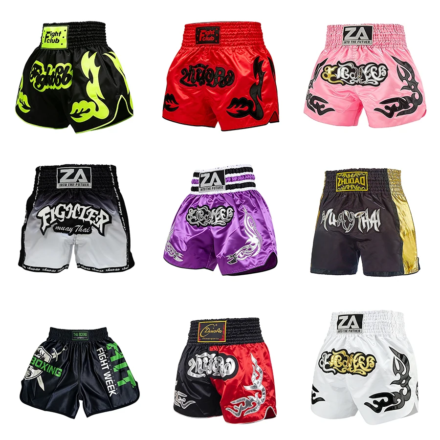 Boxing Shorts Traditional Thai Embroidery Muay Thai Shorts Men Women Kids Wrestling Sparring Kickboxing Cage Fight BJJ MMA Pants