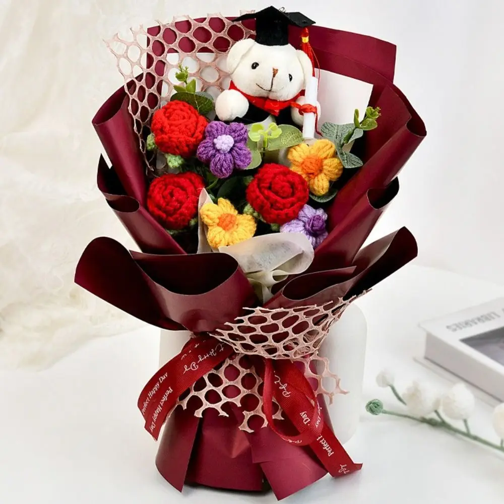 

Fashion Plush Rose Flower Bouquet Artificial Flowers DIY Hand-Knitted Flower Colorful Cartoon Bear Toy Wedding Party