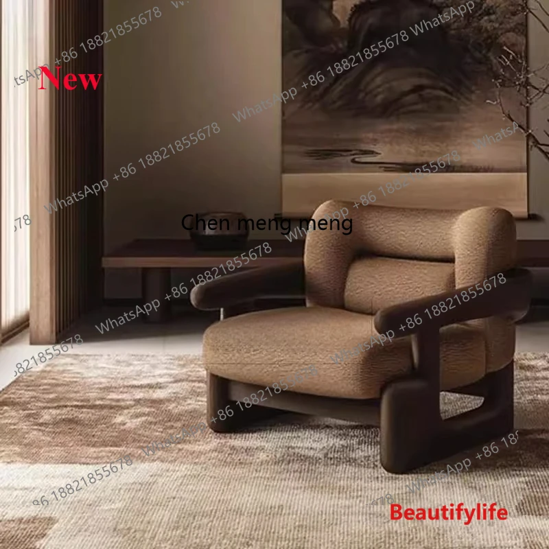 

02A Retro simple solid wood single sofa, living room leisure chair, homestay, fabric art, negotiation chair
