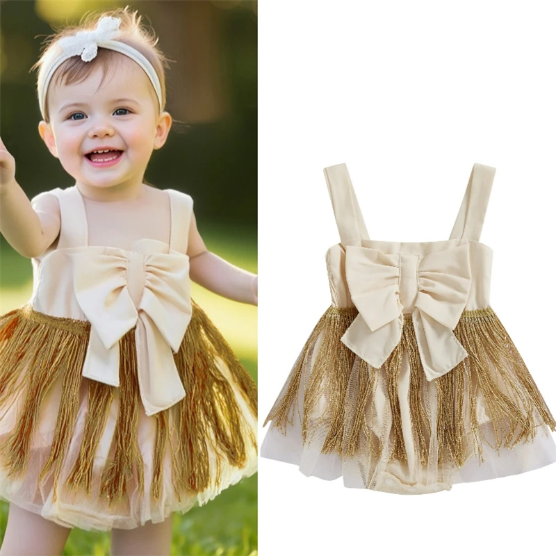 

Summer Toddler Baby Girl Romper Casual Sleeveless Bowknot Tassel Sleeveless Tulle Jumpsuit Fashion Infant Newborn Clothes