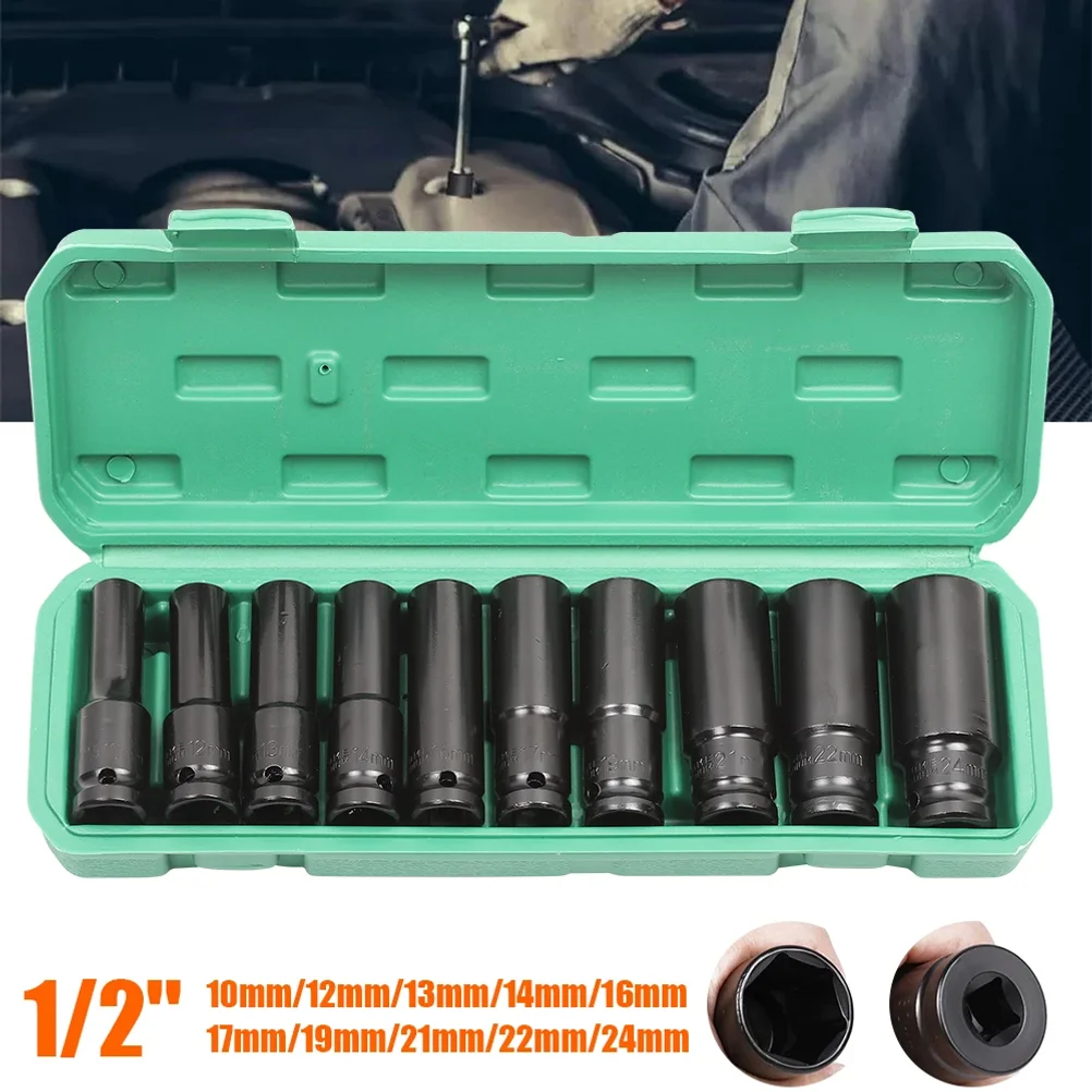 Jeu de douilles à chocs 10 pièces, douilles profondes métriques 1/2” 10-24mm, têtes de clé pneumatique, outils de démontage de pneus