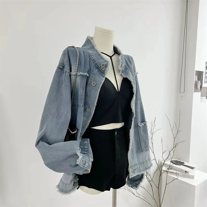 Women Blue Denim Jacket Coats Outerwear 90s Vintage Loose Long Sleeve Jean Jacket Harajuku Korean Fashion Y2k 2000s Clothes 2024