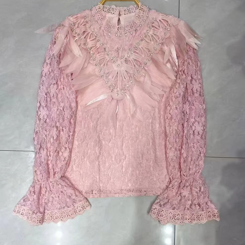 بلوزات TWOTWINSTYLE متينة من الدانتيل والماس للنساء برقبة دائرية وأكمام طويلة قمصان ربيعية أنيقة طراز أنثى KBL553148 #3