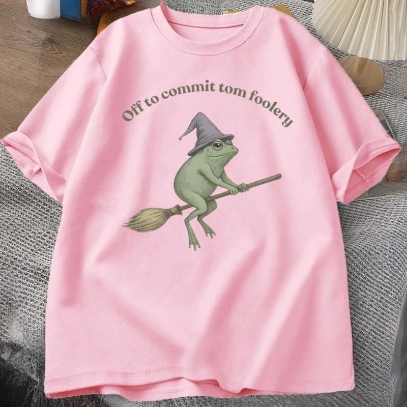 Funny Witch Frog T-Shirt Men Women Funny Halloween Cottagecore Tshirt Casual Round Neck Short Sleeve Man Clothes Streetwear