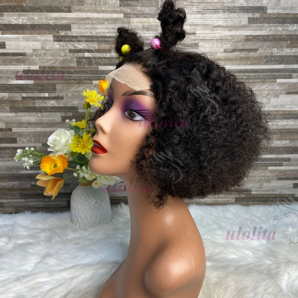 Premium 100% Echthaar Kinderperücken 8 Zoll 200% Dichte Niedliches Remy-Haar Krauses Lockiges 4x4 Lace Closure Perücken Naturfarbe 15A – Detail 5