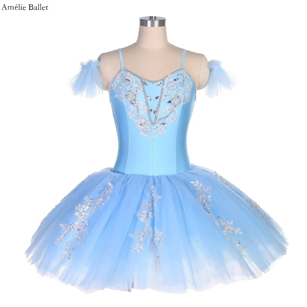 

BLL031 Sky Blue Spandex with Silver Applique Trim Pre-professional Bell-shape Ballet Tutu for Girls & Women Ballerina Dance Wear