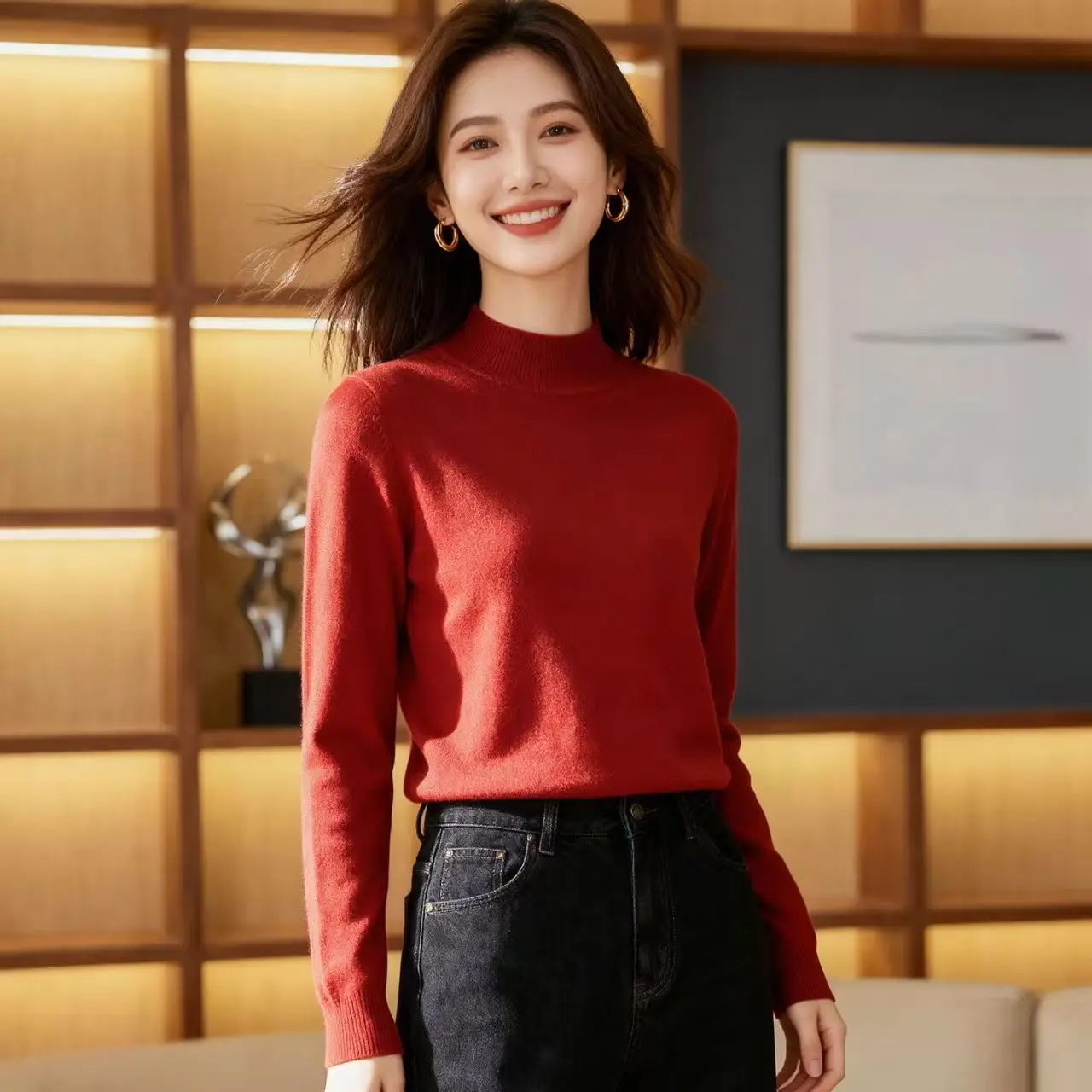 

Осенне-зимний новый свитер из 100% хлопка, женская блузка с длинными рукавами, свободная трикотажная рубашка с полувысоким воротником