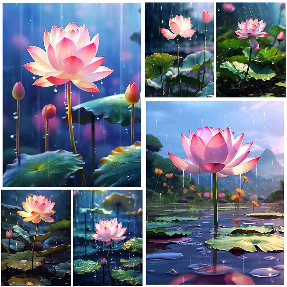 

New 5D Diamond Painting Rain Lotus Diamond Embroidery Flowers Full Rhinestone Mosaic Art Home Decor Handicraft EE3442