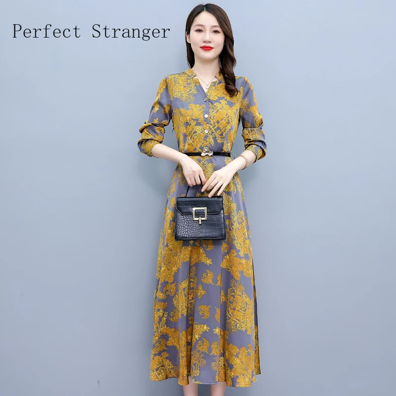 Acetate Dress Vestidos Feminino 2022 Autumn New Arrival Printed Long Sleeve Women Long Dress Robe femme été High Quality