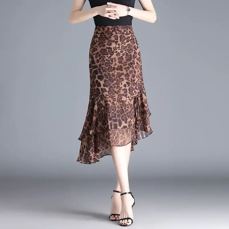 OL Style Leopard Chiffon Mermaid Trumpet Long Skirt Layered Ruffles Strings Slim Mid-Calf Long Chiffon Skirts