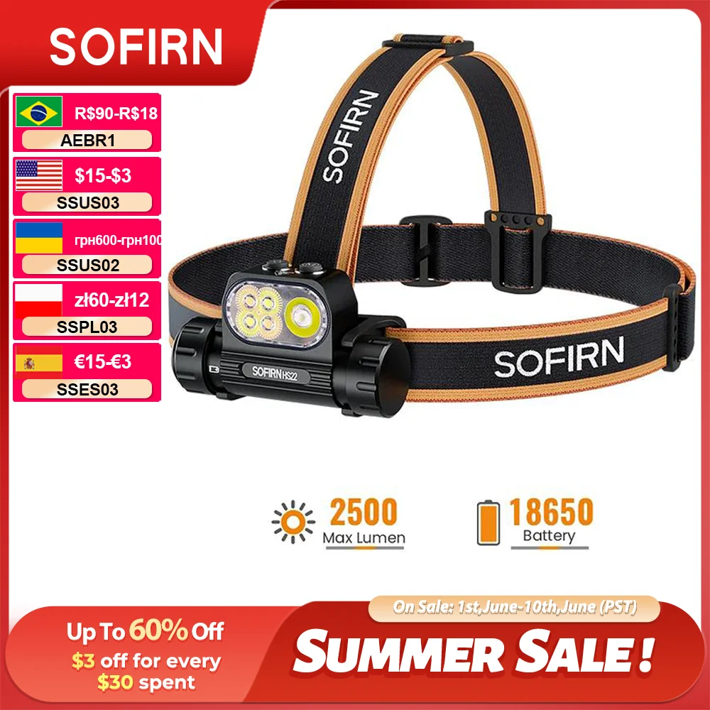 SOFIRN HS22 Headlamp SFT25R LED 6000K Rechargeable 2500lm Dual Switch With 2700K Warm Light Multi Camping Light Sources
