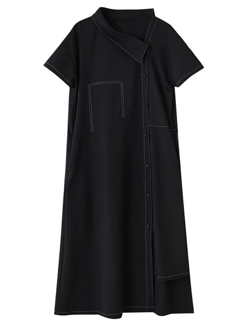 2025 verão estilo escuro único breasted vestido irregular para mulheres solto e elegante fio brilhante tamanho grande camisa vestido w095