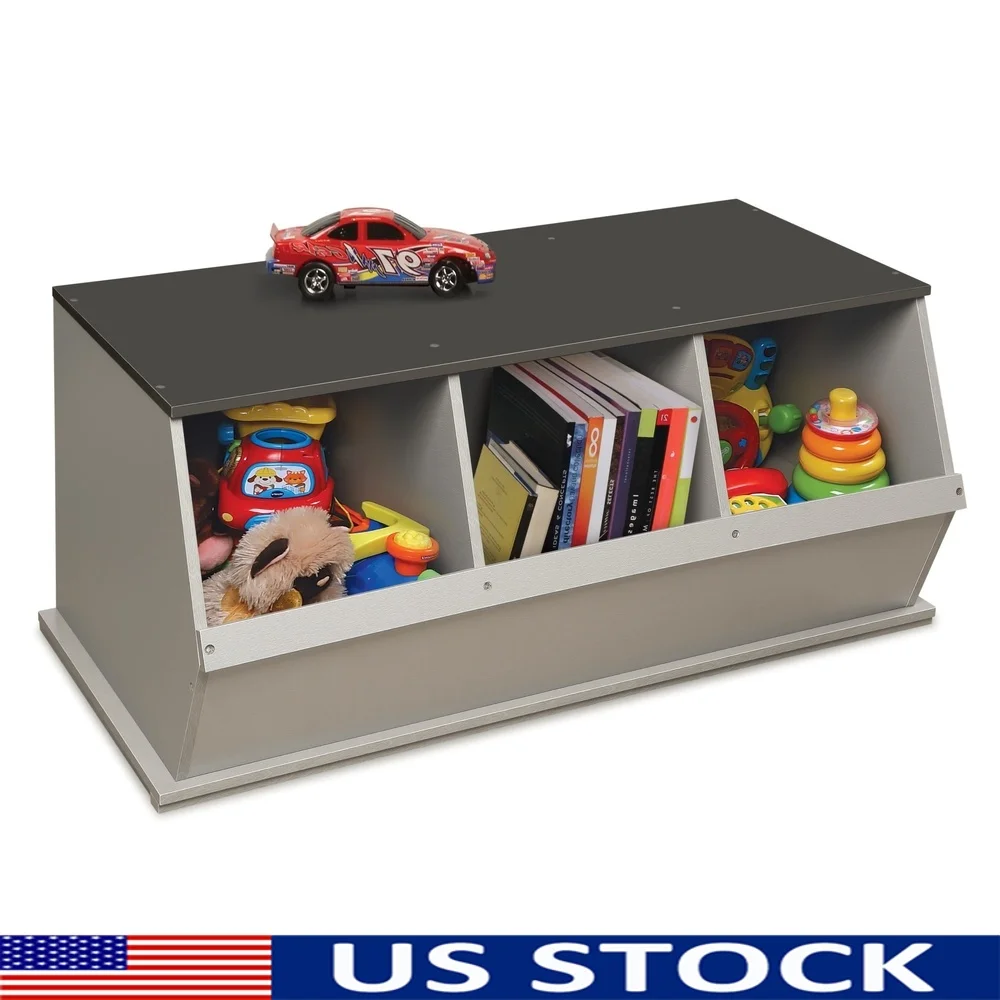 

Children's Stackable Wooden Storage Cubby with 3 Wide Mouth Bins Solid Panel Construction Toy Organizer Wipe Clean Assembly
