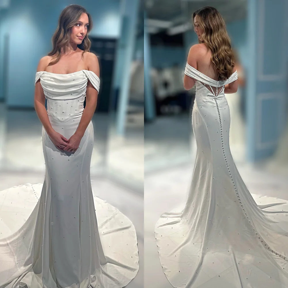 

Customized Modern Style Exquisite Chiffon Pearl Button Sequined Mermaid Off-the-shoulder Long Dresses Bespoke Occasion Dresses