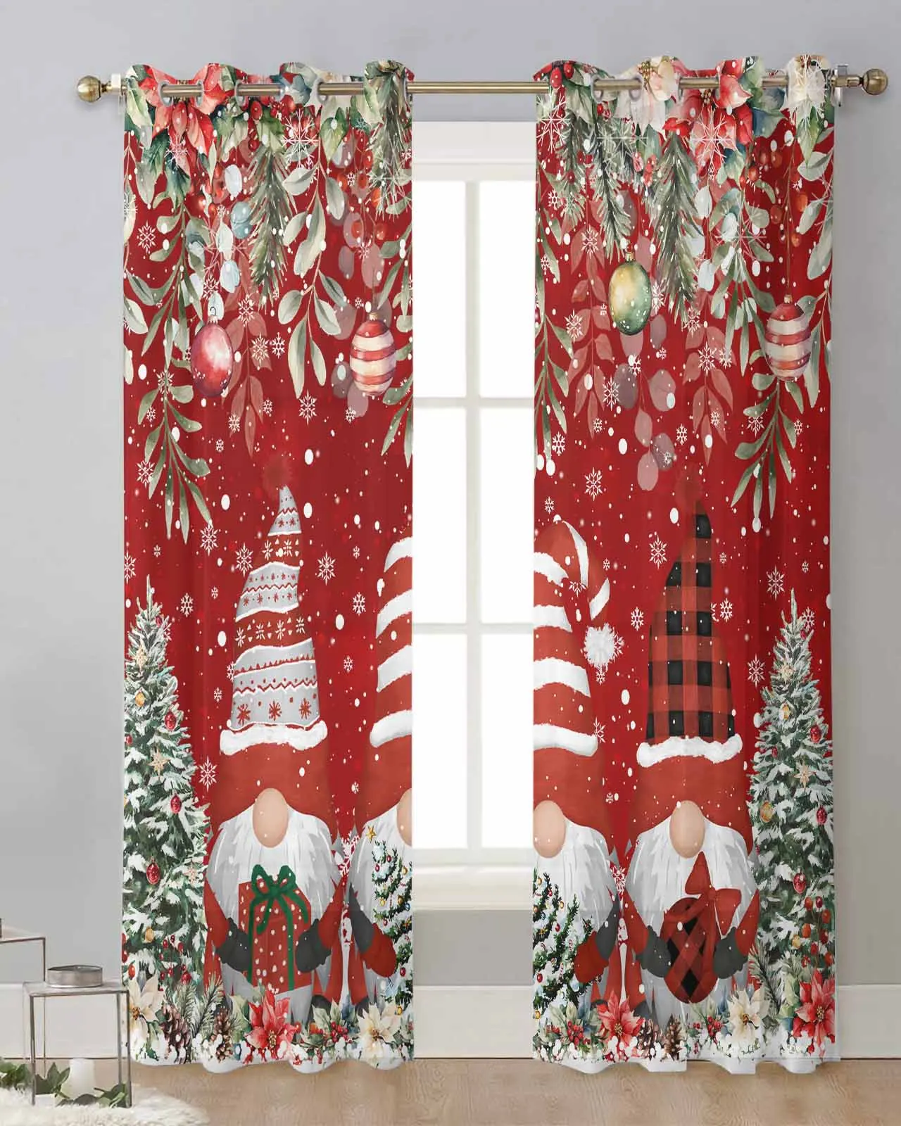 Bola de Navidad enano Poinsettia árbol de Navidad cortinas transparentes rojas hogar sala de estar cocina ventana decoración gasa cortinas de tul