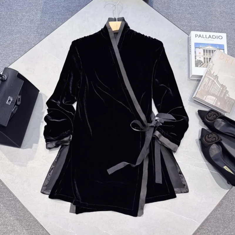 French Splice Velvet Coats Women Autumn Winter European Slim Long Sleeve Cardigans Retro Office Work Split Jacket