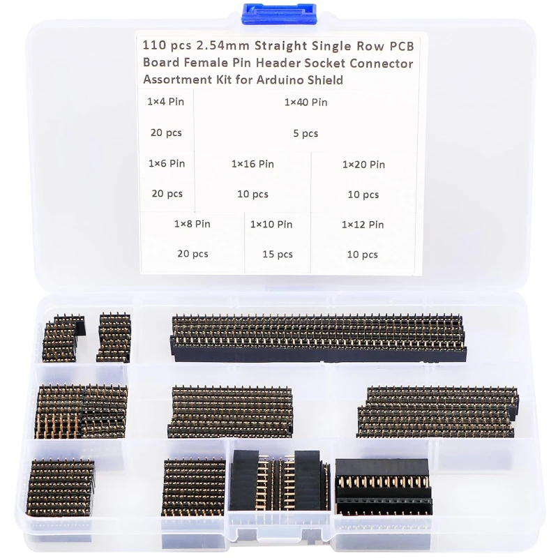 110Pcs 2.54mm Straight Single Row PCB Board Female Pin Header Socket Connector Assortment Kit 4/6/8/10/12/16/20/40 Header Pins