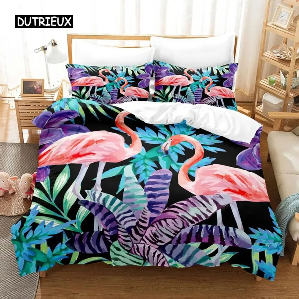 

Flamingo Duvet Cover Set Palm Leaf Bedding Set Flower Tropical Botanical Hawaiian Island Floral Queen King Polyester Quilt Cover