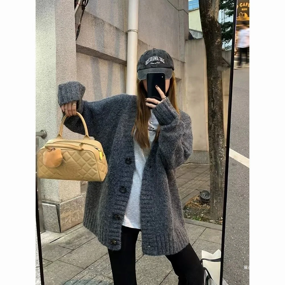 

Укороченные кардиганы в стиле Харадзюку для женщин, осенние, минималистичные, однотонные, вязаные, с драпировкой, полузакрытые, модные, свободного кроя, стройнящие