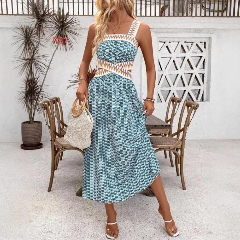 Summer Woman Dress Strapless Backless Dresses Women's Summer Sundress Long Boho Maxi Dress Blue White Pattern Slip Dress